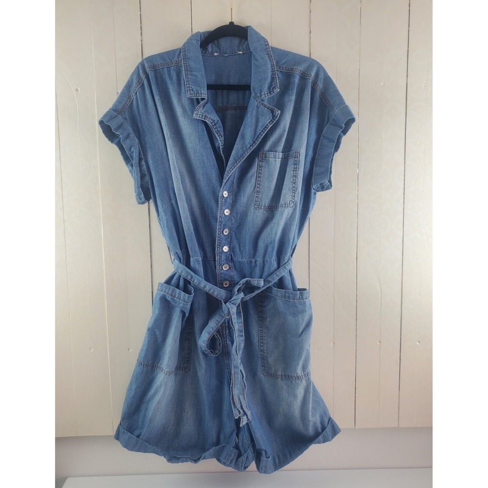 Blue Denim Short Sleeve Button Front Tie Waist Romper Plus Size 2X